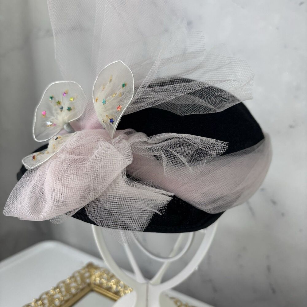 Vintage 1950s 60s Woven Cloche Hat Pink Tulle Bow Star Cocktail Fascinator MCM - Picture 4 of 14